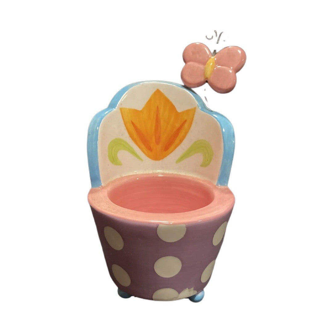 AVON Ceramic Tealight Candle Holder Chair Style Pink Butterfly White Polka Dot