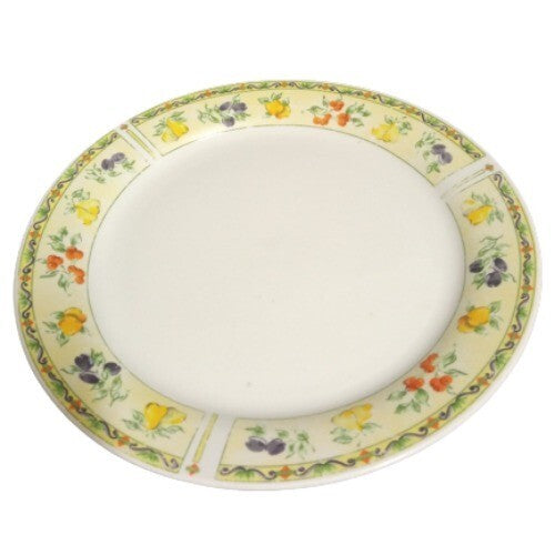 Gibson Designs FRUIT A PLENTY 4-Dinner Plates 9 ¾” D Fruits On Yellow Border