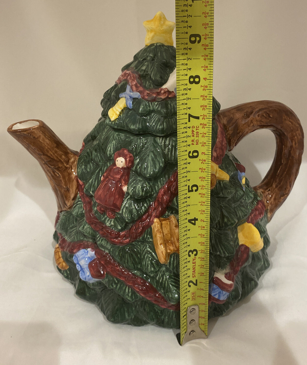 R.H Macy & CO Hand Painted Teapot 1994 Christmas Tree Shaped Holiday Pot 9.5" H