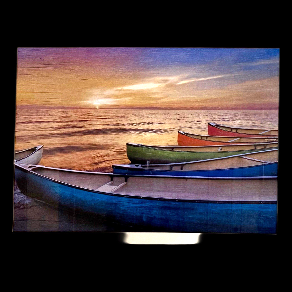 Rainbow Armada Framed Canoe Art Print – Sunset Boats Lake Ocean Wall Decor