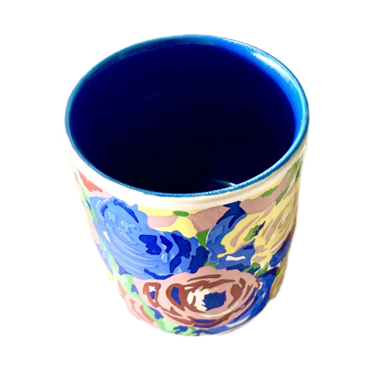 KIC Franco Hand Painted Style Floral Coffee Mugs Set 4 Blue Interior Korea 10 oz