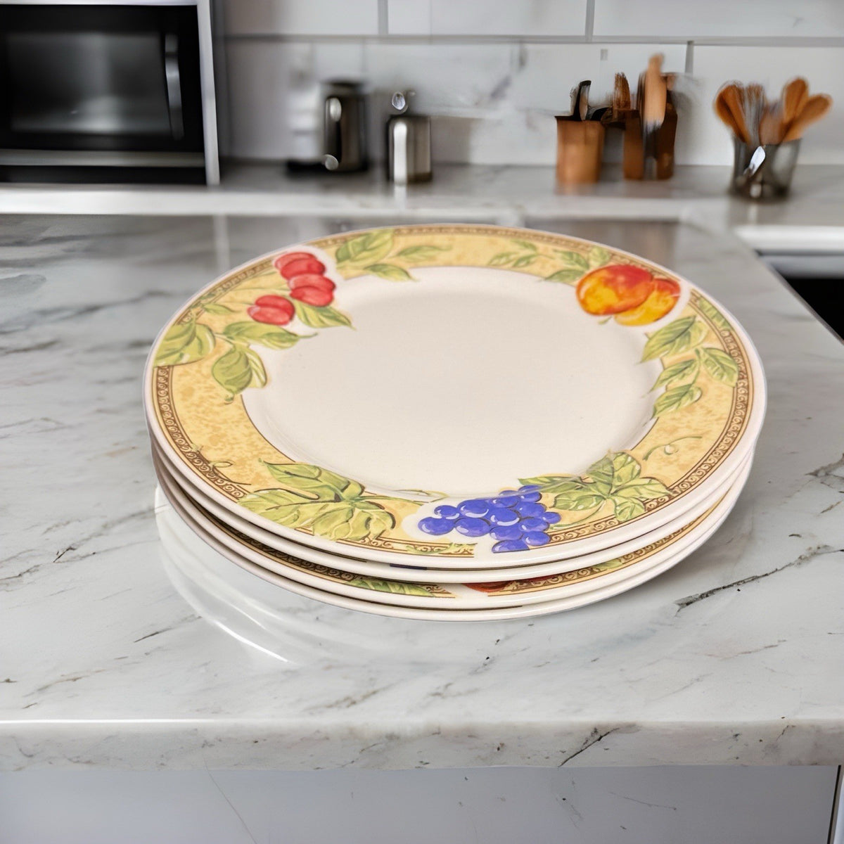 Gibson Designs Fruit Grove Dinner Plates Set of 4 Cherries Grapes Peach 10 3/8”D