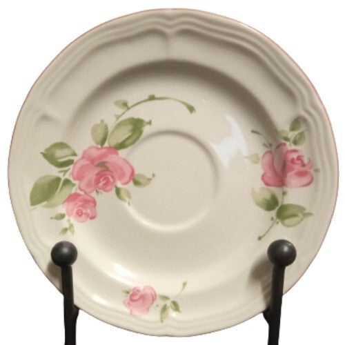 Gibson Designs ROSELAND Saucer 6 5/8" D  Pink Roses Tan Body Pink Trim Ceramic