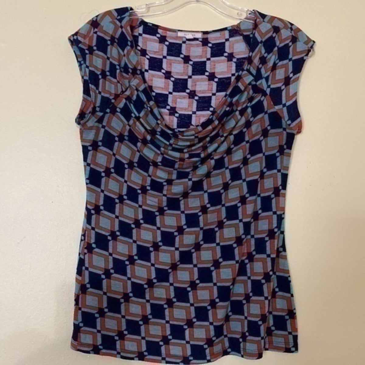 Pleione XS Women’s Blouse Red Blue Geometric Cowl Neck Cap Sleeve Stretch Top