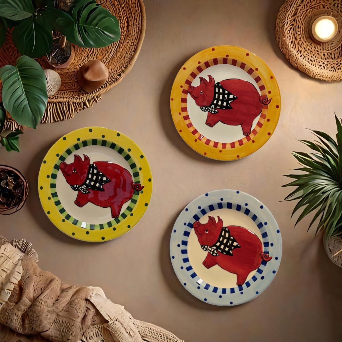 BECCA 3-Dinner Plates Pig BBQ Country Farm Signature Collection Home ETC Ceramic