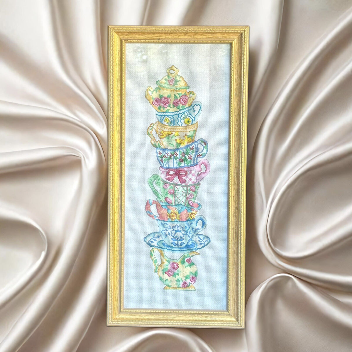 Framed Needlework Stacked Colorful Tea Cups Wall Hanger Cross Stitch