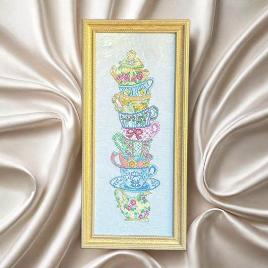 Framed Needlework Stacked Colorful Tea Cups Wall Hanger Cross Stitch