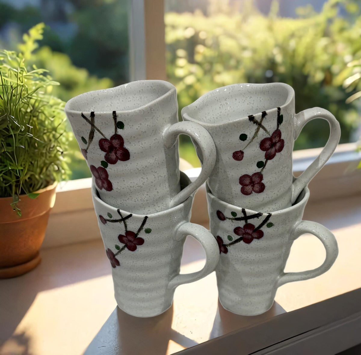 Vintage KoTo 4-Mugs Floral Red Cherry Blossom Ceramic Japan Coffee Tea Cup