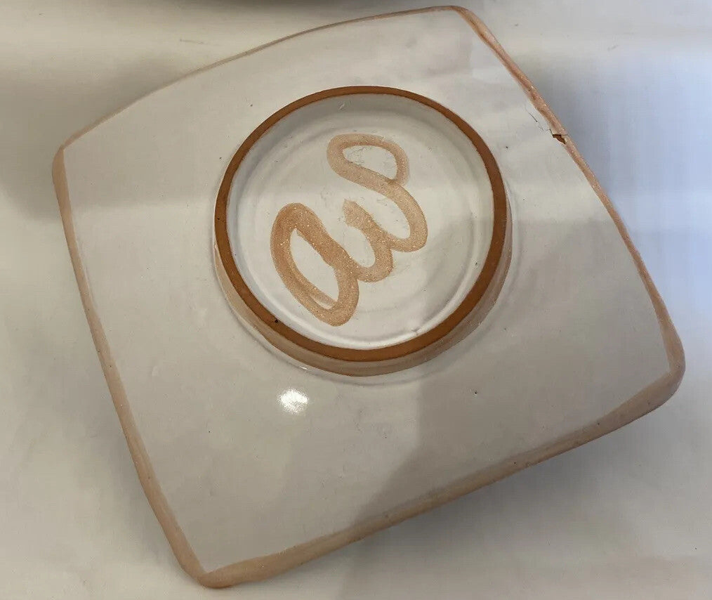 Rare Hand Painted And Signed 4-Square Salad Appetizer Tapas Clay Plates 6 3/4"SQ