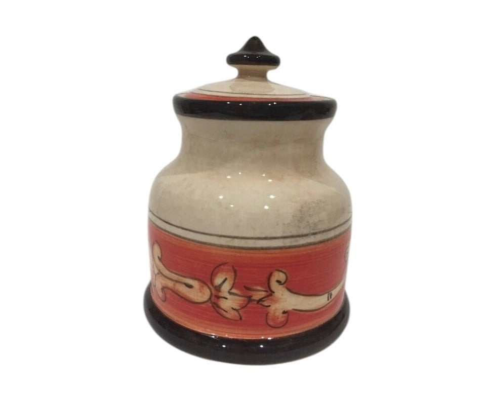 Opera Nova Handcrafted Condiment Jar Red Beige Floral Stoneware w/ Lid 6.5”H