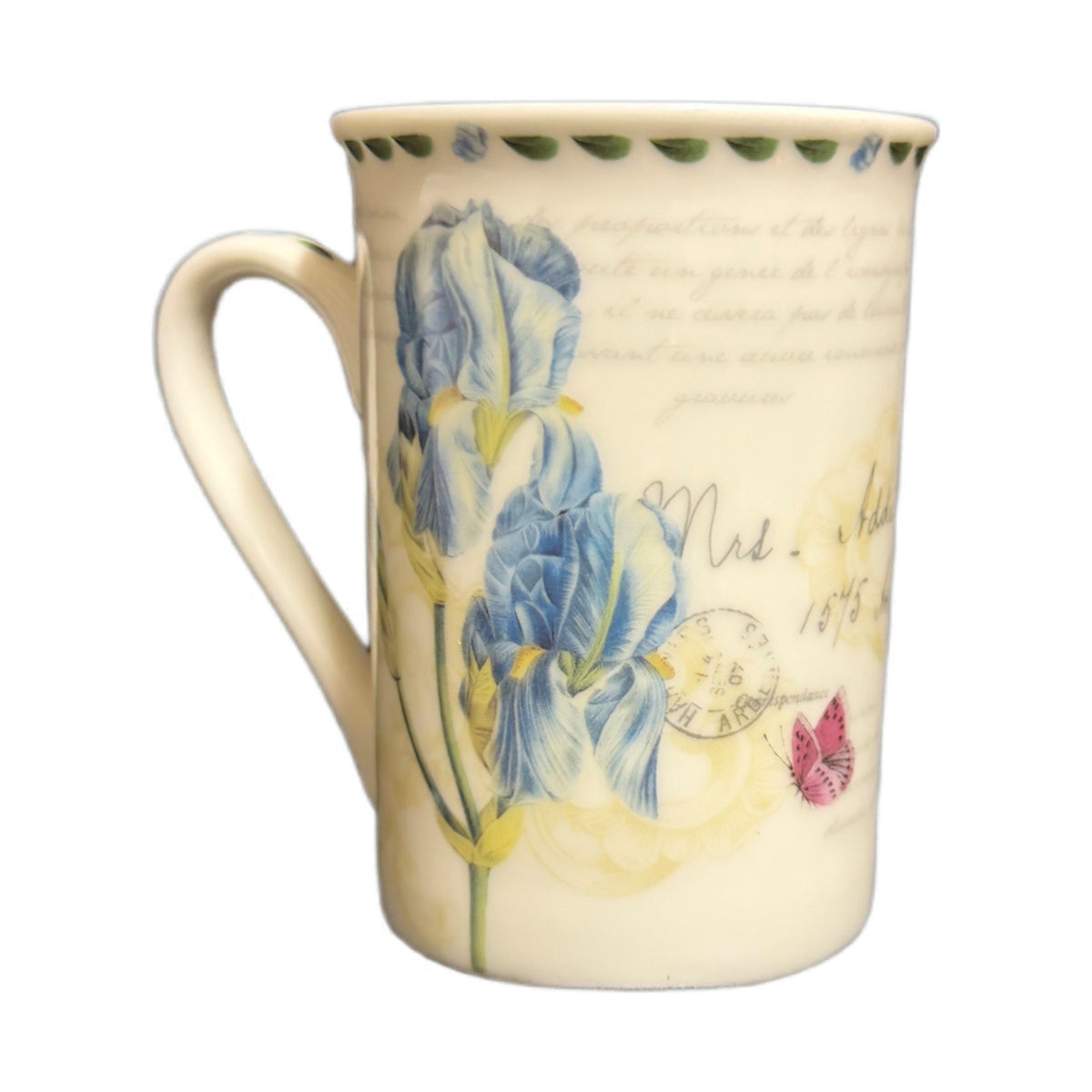 Kent Pottery Bone China Mug Blue Iris Butterfly Floral Tea Coffee Cup 10 oz