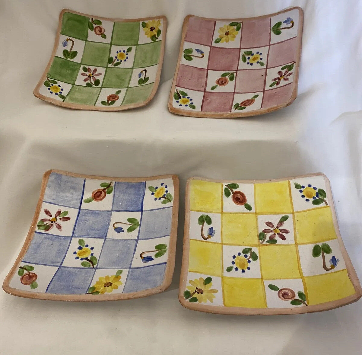 Rare Hand Painted And Signed 4-Square Salad Appetizer Tapas Clay Plates 6 3/4"SQ