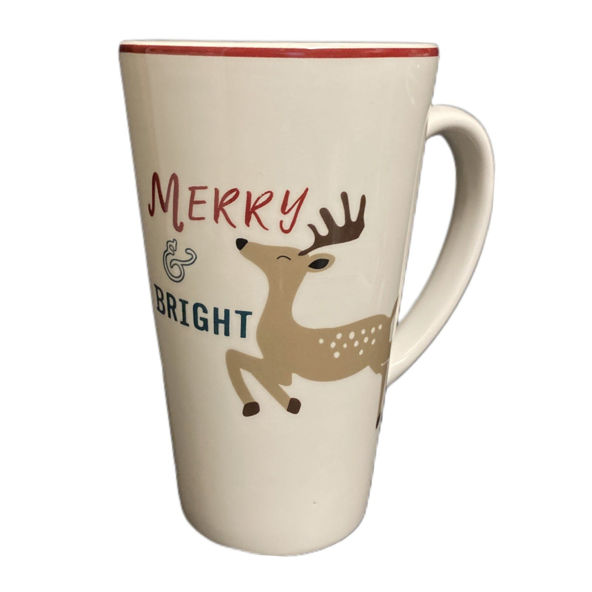 Holiday Home Latte Mug MERRY & BRIGHT Christmas Coffee Tea Reindeer Cup 16 oz.