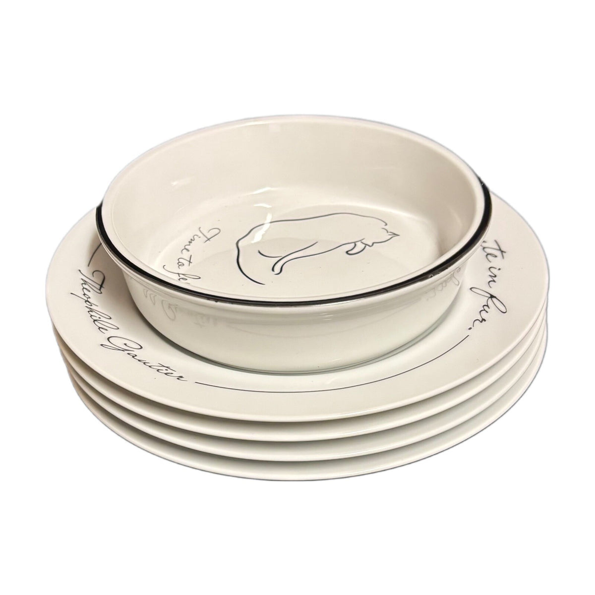 The Monkey and the Peddler 4 Salad Plates and 1 Bowl MINOU Cat Plates LIZ ROSE