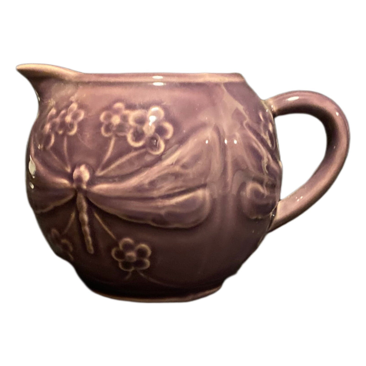 World Market DRAGONFLY Creamer & Sugar Bowl No Lid Dark Purple Majolica Embossed