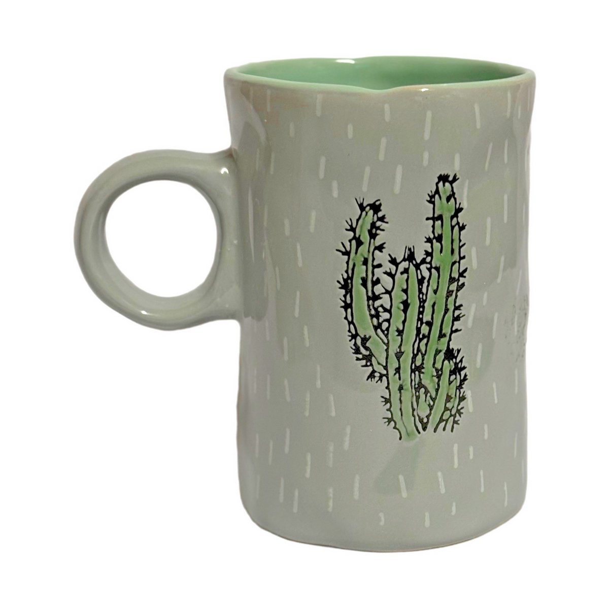 I LOVE IT 2-CACTUS Mugs Green Grey Tea Latte Cup Embossed Prickly Desert Cactus