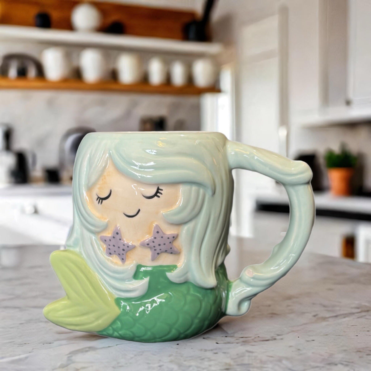 TAG Mug 3D Seafoam MERMAID Ceramic Coffee Tea Cup Mermaid Kisses Starfish Wishes