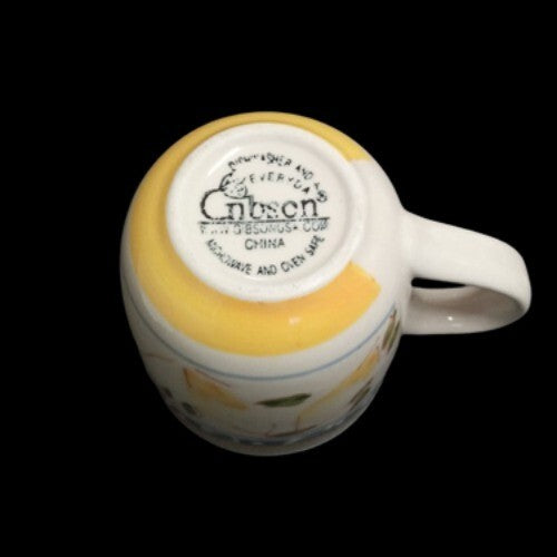 Gibson Designs CONCORDIA 3-Mugs 9 oz Blue Yellow Fruit Band Ceramic Coffee Cup