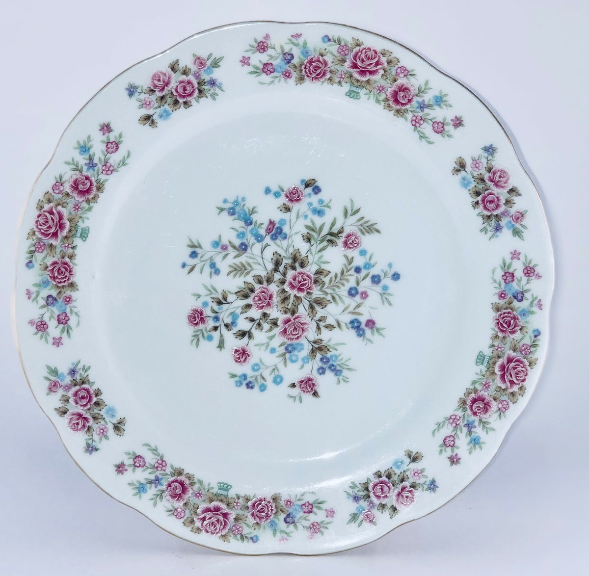 REMINGTON Fine China By Red Sea Pink Roses Blue Flowers Gold Trim Dinnerware