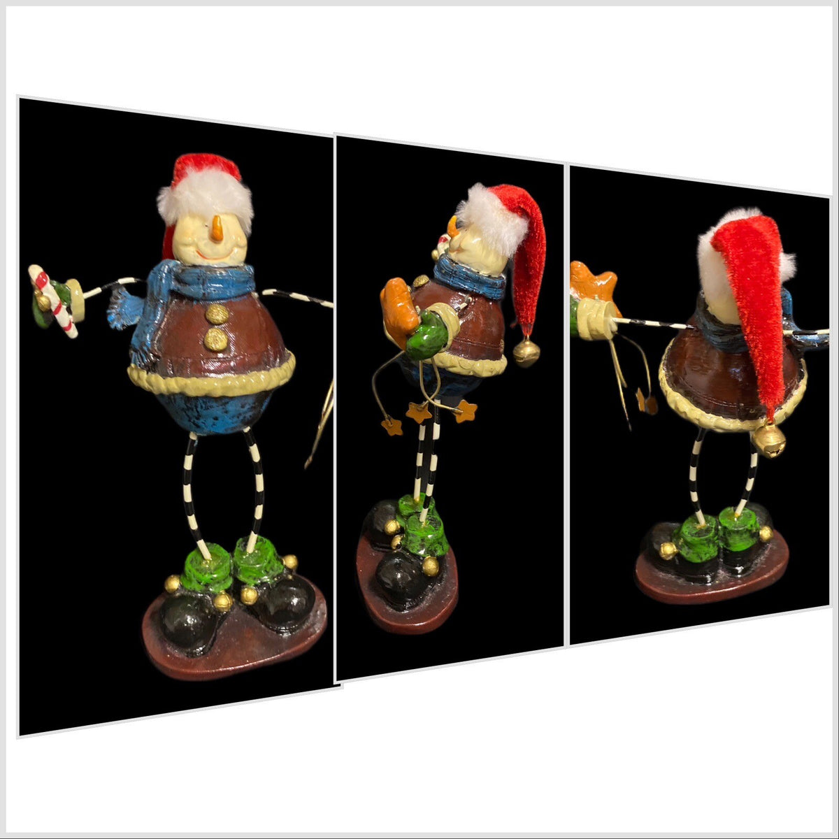 Christmas Snowman Stand Santa Hat With Bell Metal Wire Holding Stars Candy Cane