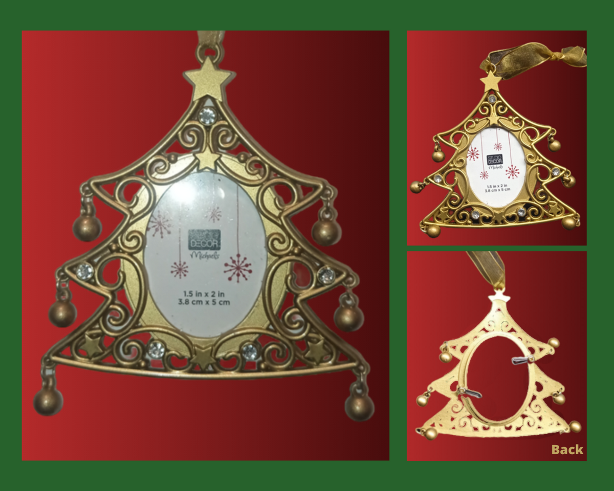 Golden Frame Christmas Tree Shaped Embellished Stones Photo Hanger Star & Balls