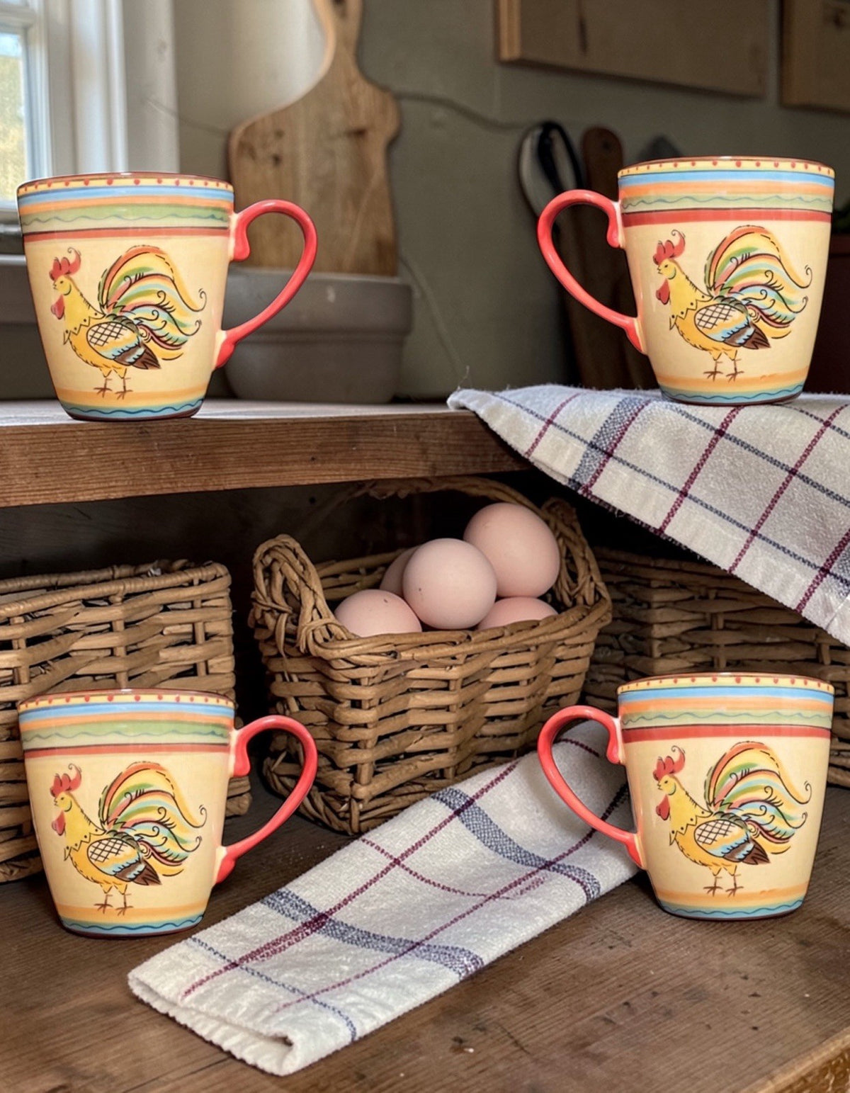 Tabletops Gallery Rise & Shine Rooster Mugs Set of 4 12 oz Farmhouse