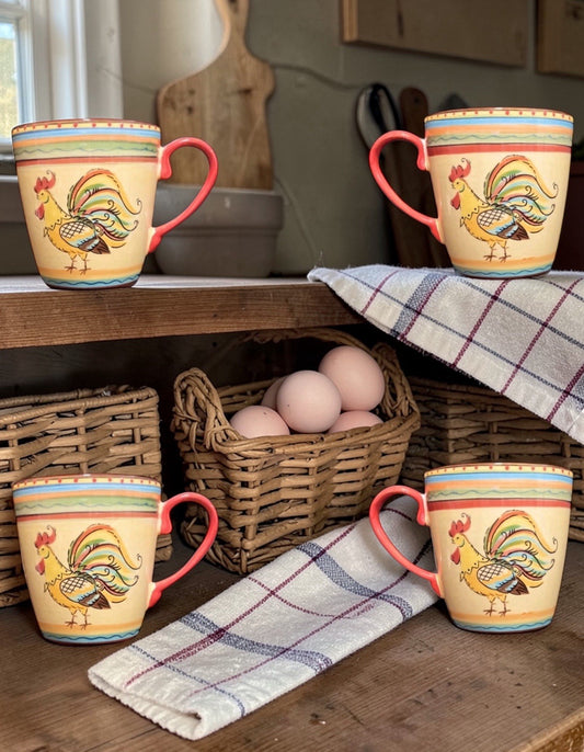 Tabletops Gallery Rise & Shine Rooster Mugs Set of 4 12 oz Farmhouse
