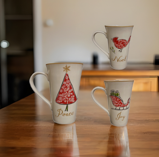 222 Fifth NATALA 3-Latte Mug Cardinal Christmas Tree Sleigh Peace Joy Noel Gold