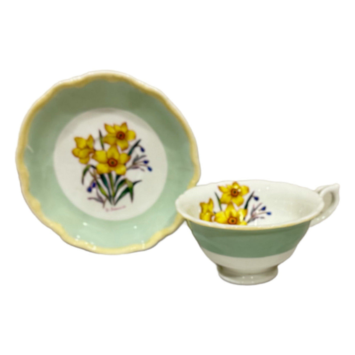 Royal Sealy Japan Daffodil Teacup & Saucer Set Green Yellow Floral Vintage