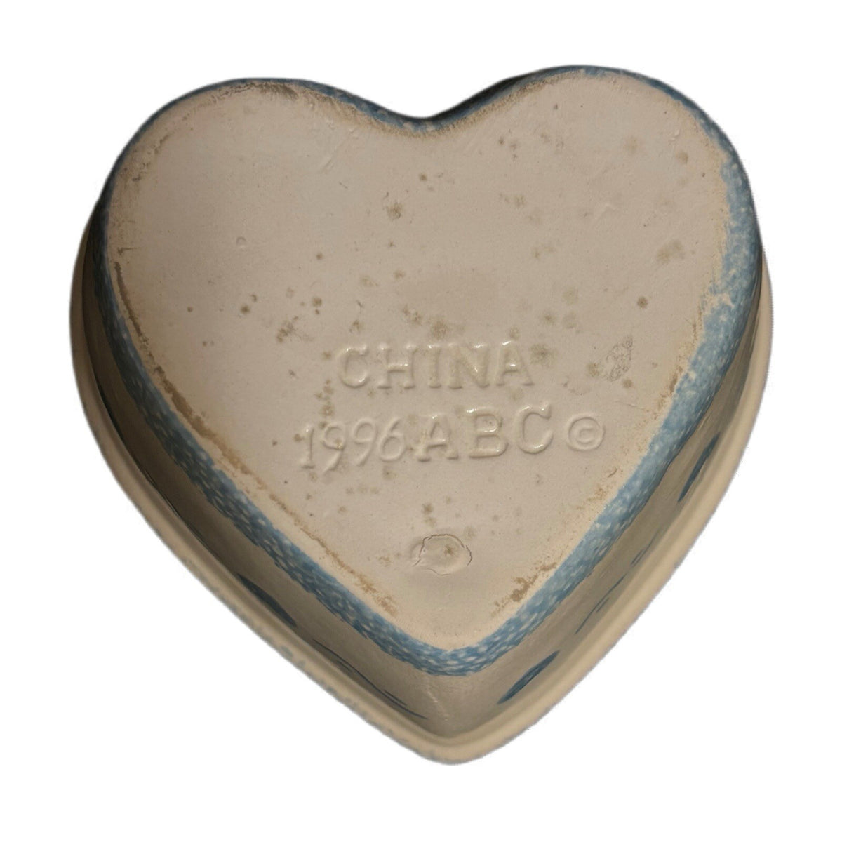 Vintage 1996 ABC Heart Shaped Deep Nesting Bowl Blue Spongeware Trim & Hearts