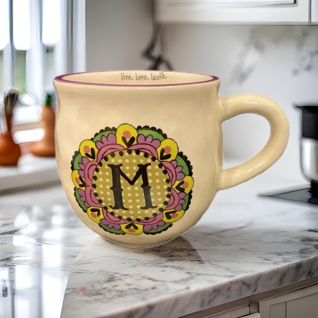 Natural Life “M” Monogram Ceramic Mug Cup – Live Love Laugh, Boho Floral Gift