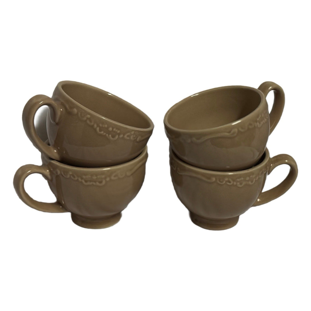 Casa Cristina Taupe Scalloped Tea Cups Set of 4 – 3.5”W x 3”H Stoneware