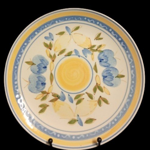 Gibson Designs CONCORDIA Dinner Plate 10 1/8" Blue Yellow Bands & Fruits