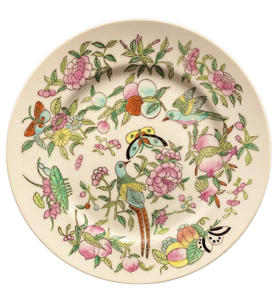 Chinese Porcelain Plates Set of 4 Floral Bird Transferware Famille Verte Style