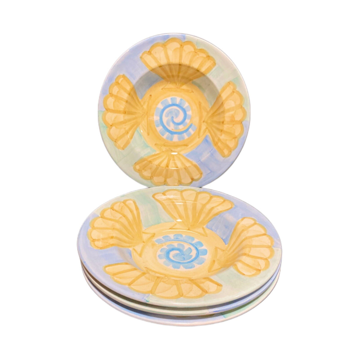 Bella Ceramica SEASHELL 4 Rimmed Soup Cereal or Pasta Bowls Blue Yellow Green