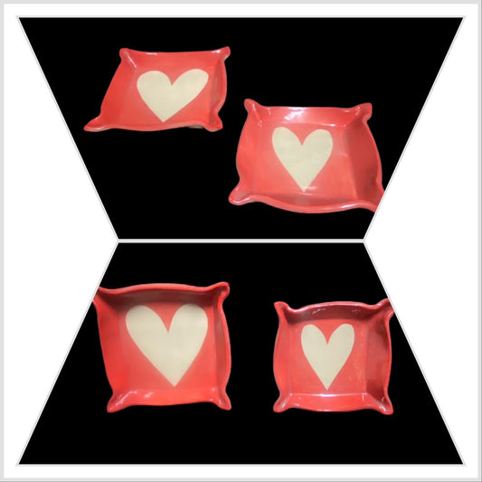 2-Trinket Red Dish White Heart Valentines Square Art Pottery Rings Tray Signed