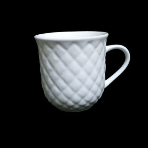 Gibson Designs ANTIQUE QUILT 3-Flat Cups & Saucers 8 oz White Embossed Quilt Rim