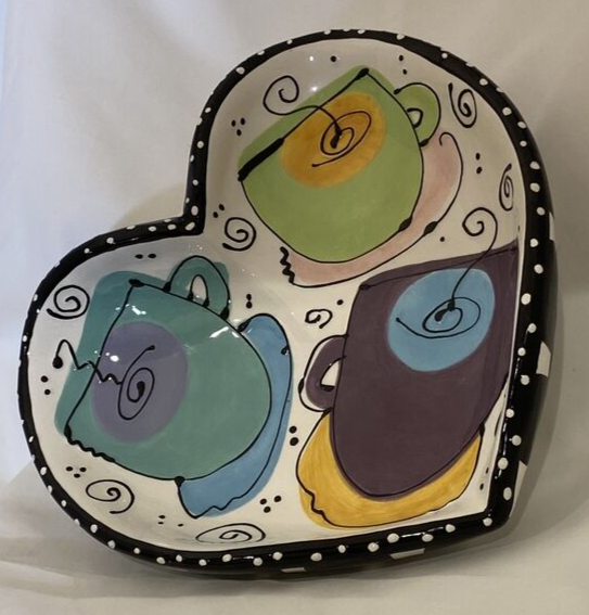 Joanne Delomba W/ Love For Lotus Serving Heart Shaped Dish Black Rim White Dots
