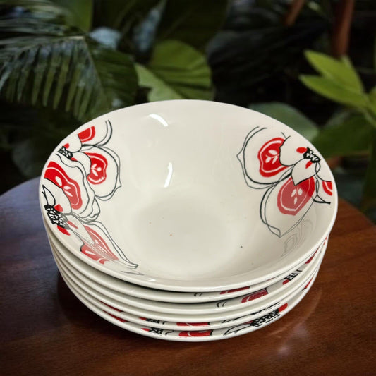 Rare Oneida BRIELLE 6-Bowls Soup/Cereal White Porcelain Red & Black Fower