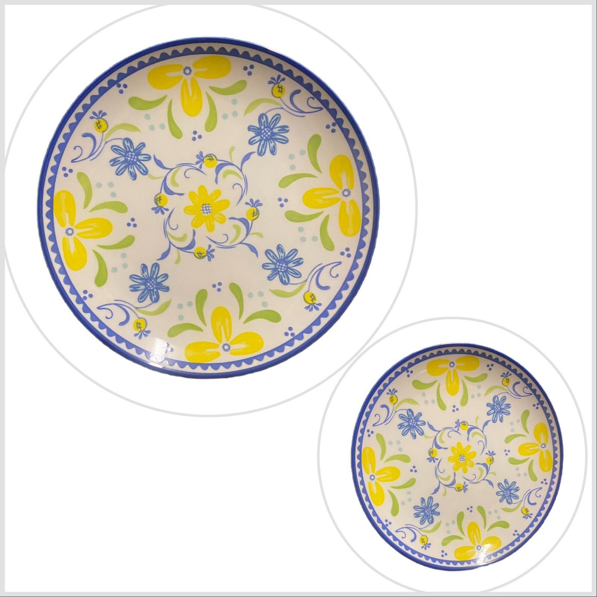 BAUM Tuscany 4-Salad Plates Blue Yellow Floral Ceramic Dessert Dish 8"D