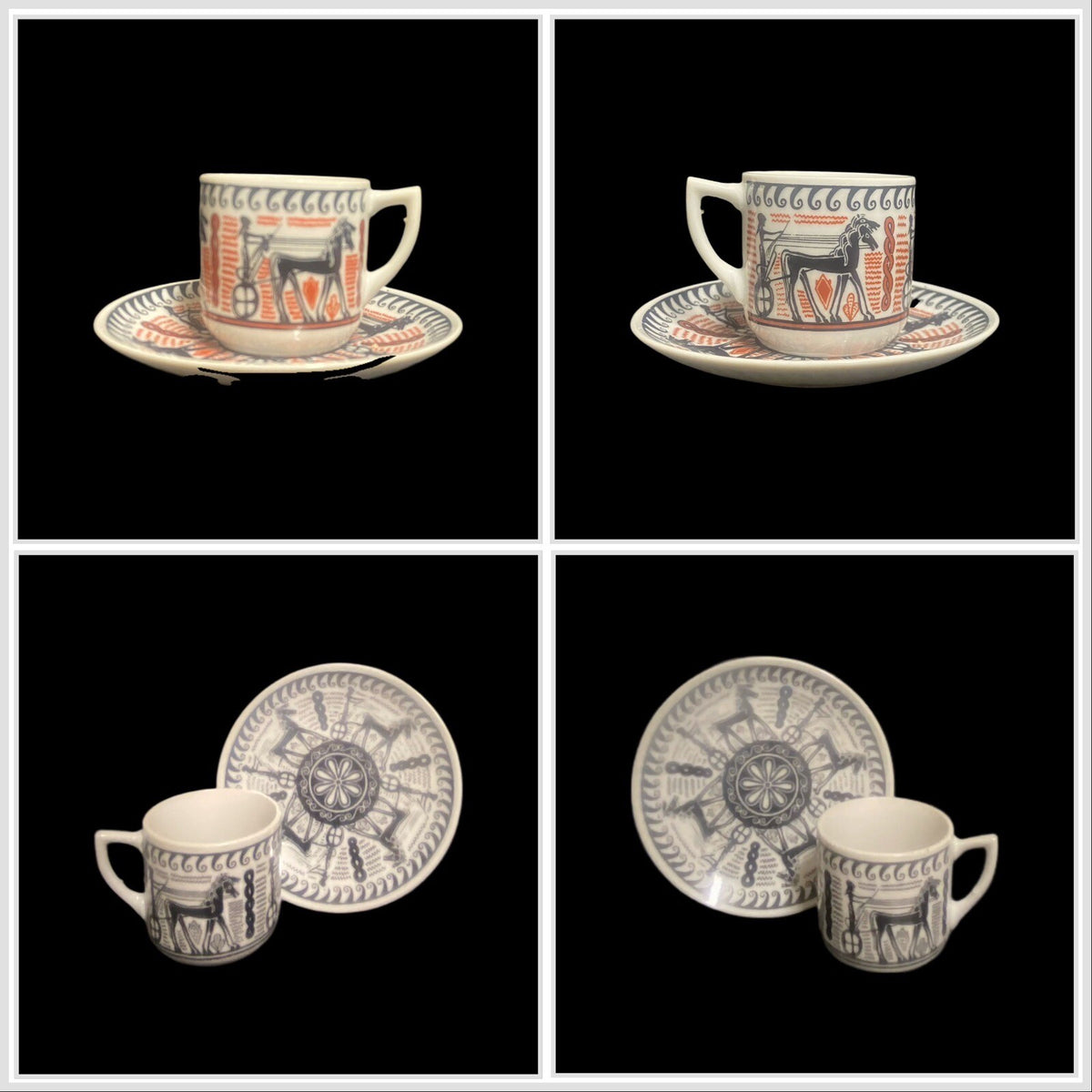 Vintage N. Leontaritis 2-Espresso Cups & 2-Saucers Horse Chariot Greece