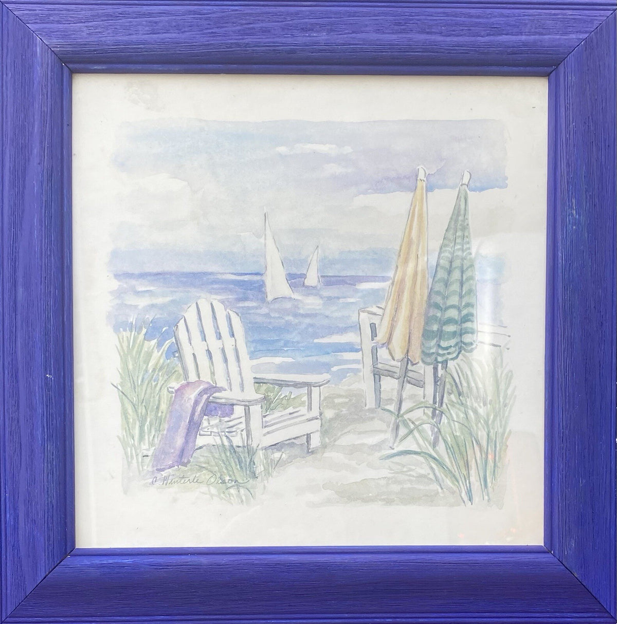 Vintage Set of 4 Charlene Winterle Olson Coastal Beach Prints Blue Frame 11.5"