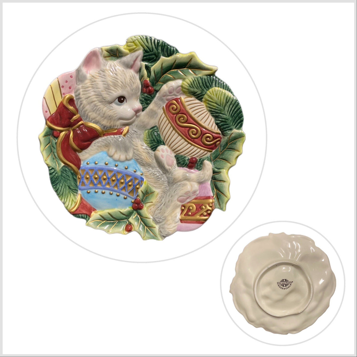 Fitz and Floyd Plate Christmas Kitty Cat Decorative Holiday Dish Ornaments
