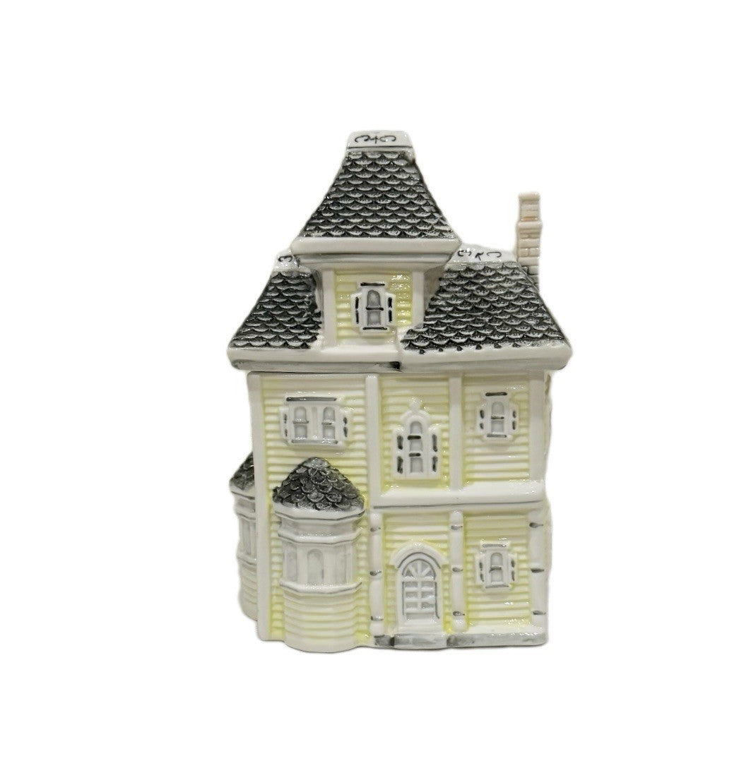 Victorian House Cookie Jar Yellow Ceramic Home Collectible Kitchen Storage