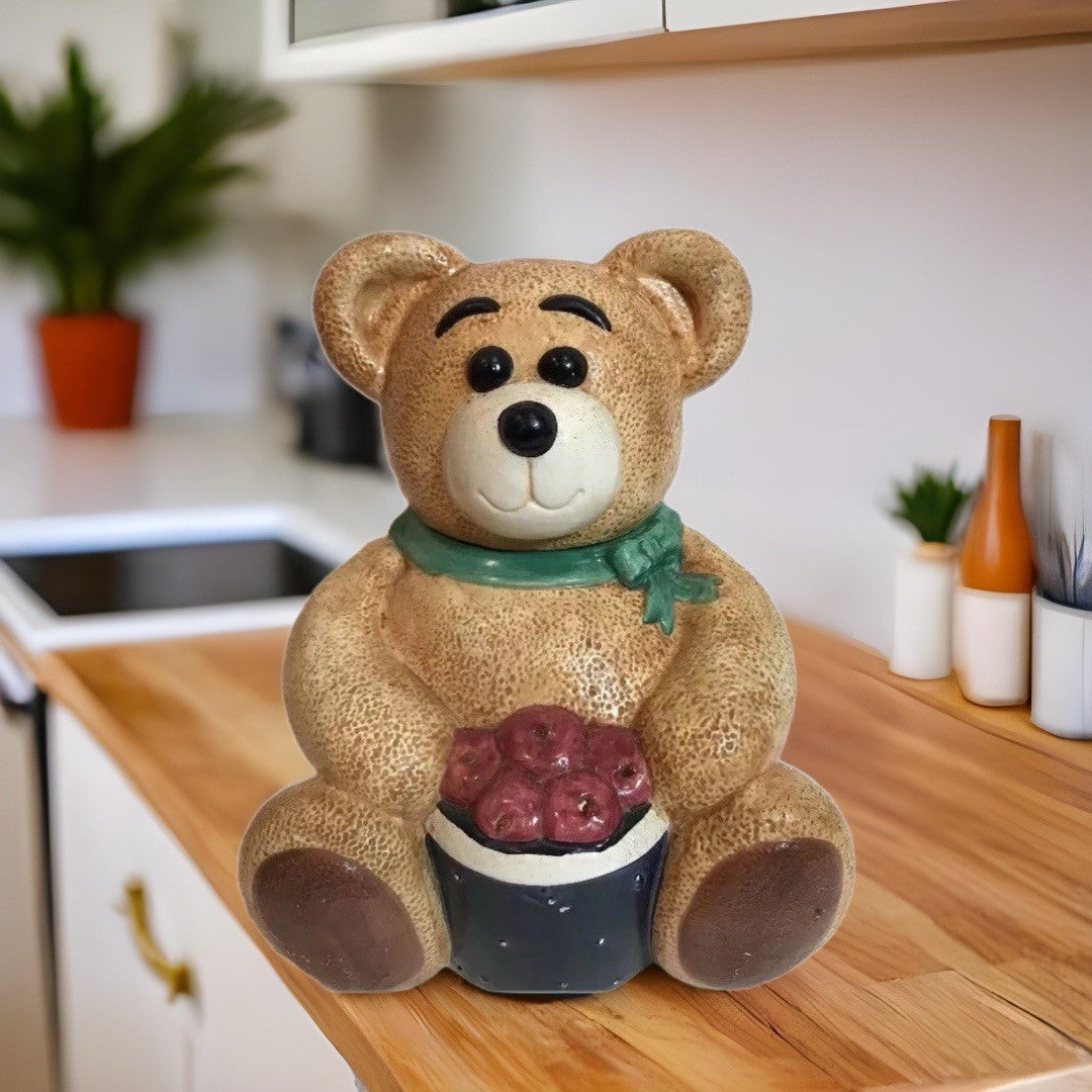CKRO Teddy Bear Cookie Jar Holding Red Apples Green Scarf Ceramic Vintage 10” H