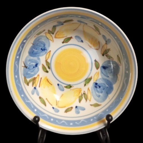 Gibson Designs CONCORDIA 3-Soup Cereal Bowls 5 7/8" D Blue Yellow Bands & Fruits