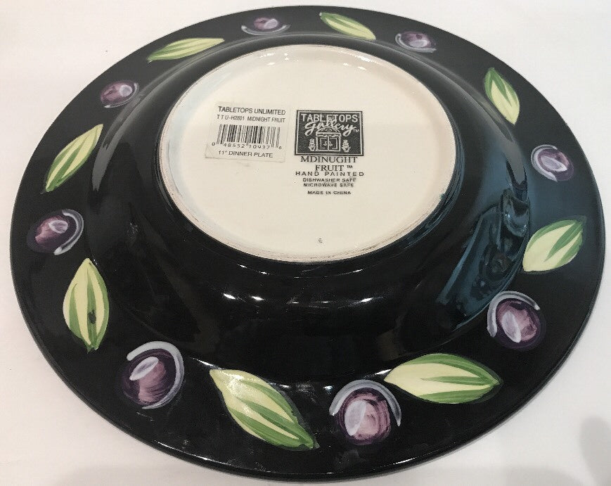 Tabletops Gallery MIDNIGHT Dinner Plate Hand Painted Black Assorted Fruits