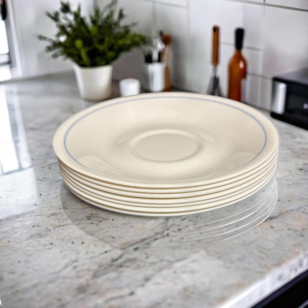 Corelle Corning 7 Saucers Blue Stripe Ivory Plate