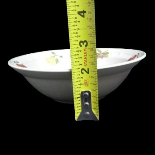 Gibson Designs ORCHARD 4-Cereal Bowl 6 ¾”D Green Trim Fruit Rim Cream Background