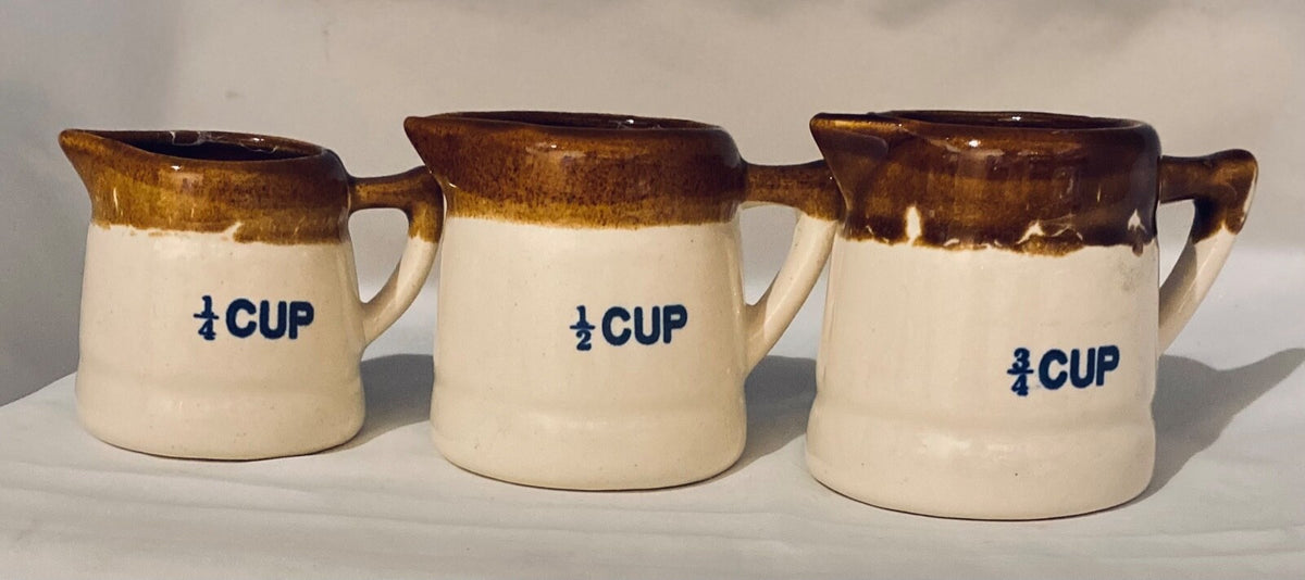 Vintage Measuring Cups Glazed Stoneware Set of 3 - 1/4, 1/2, 3/4 Brown Pottery